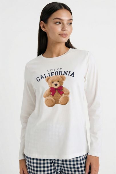 Regular Fit Teddy Bear Print Top Bottom 2 Piece Pajama Set