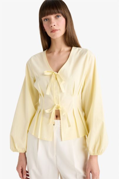 Fitted V-Neck Poplin Long Sleeve Blouse
