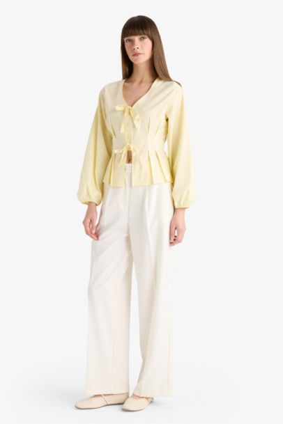 Fitted V-Neck Poplin Long Sleeve Blouse