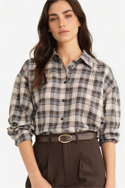 Oversize Geniş Kalıp Kareli Flanel Uzun Kollu Gömlek