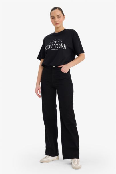 تيشيرت نص كم اوفر سايز مطبوع برقبة مستديرة