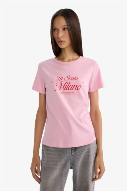 تيشيرت نص كم قصة عادية مطبوع برقبة مستديرة