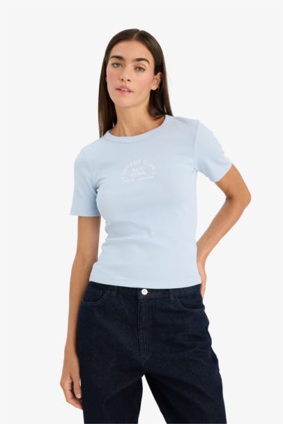 Футболка кашкорсе Slim Fit в рубчик с круглым вырезом принтом и коротким рукавом