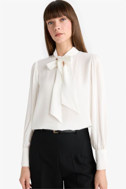 Regular Fıt Fiyonk Yaka Maroken Uzun Kollu Gömlek