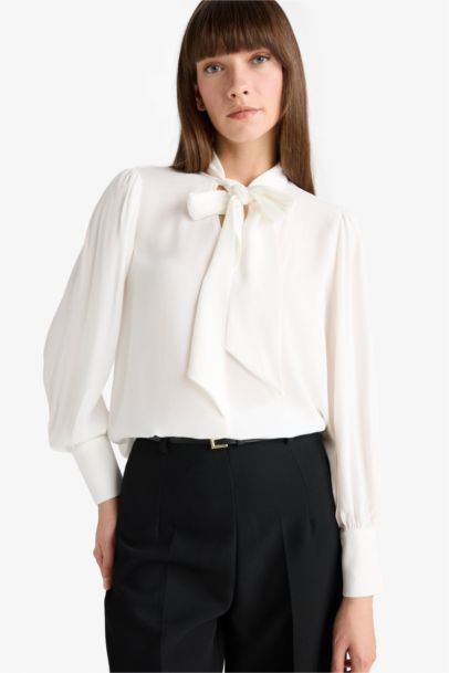 Regular Fıt Fiyonk Yaka Maroken Uzun Kollu Gömlek