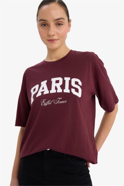 تيشيرت نص كم اوفر سايز مطبوع برقبة مستديرة