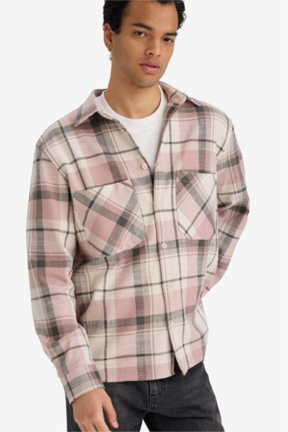 Regular Fit Polo Neck Plaid Flannel Long Sleeve Shirt