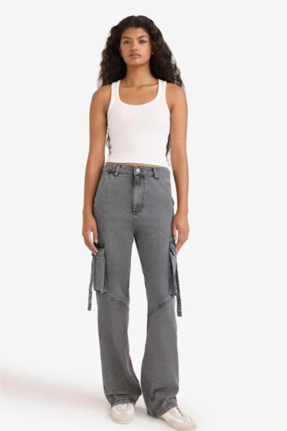 Jean cargo large taille haute à jambes droites