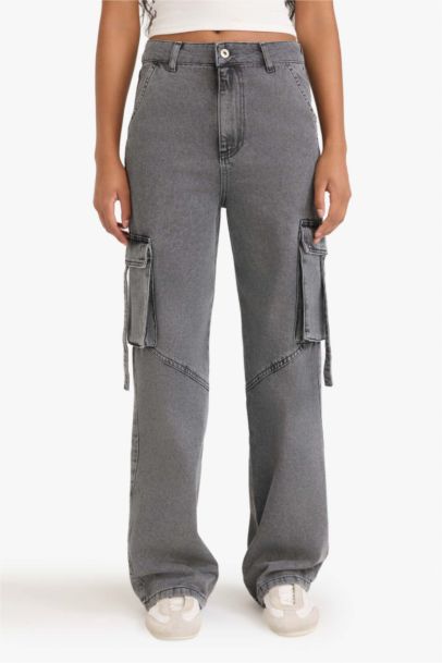 Jean cargo large taille haute à jambes droites