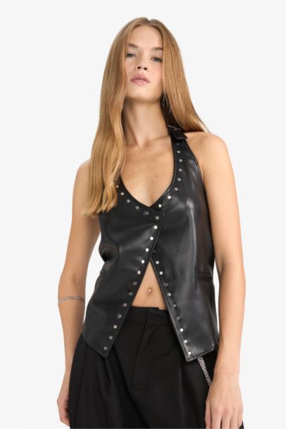 Halter Collar Faux Leather Vest