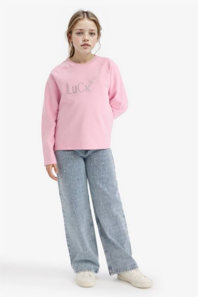 Oversize Geniş Kalıp Bisiklet Yaka Taşlı Sweatshirt Kız Çocuk