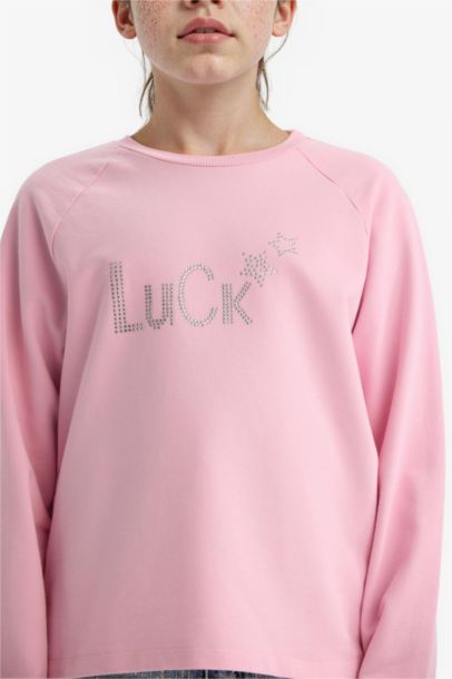 Oversize Geniş Kalıp Bisiklet Yaka Taşlı Sweatshirt Kız Çocuk