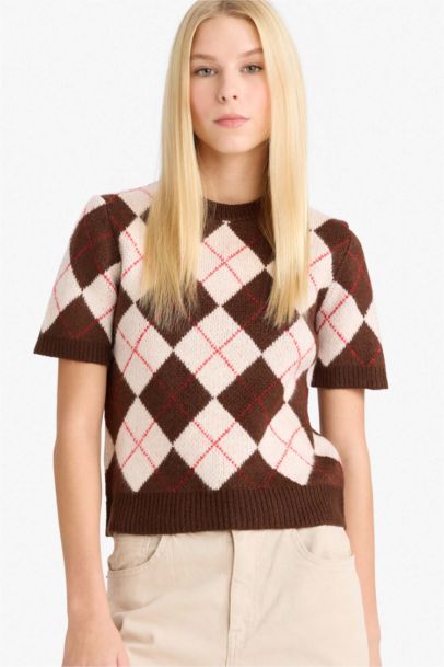 Slim Fit Crew Neck Argyle Patterned Knit Pullover