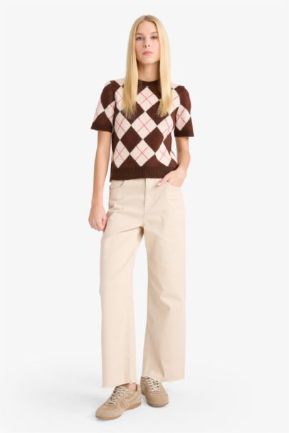 Slim Fit Crew Neck Argyle Patterned Knit Pullover