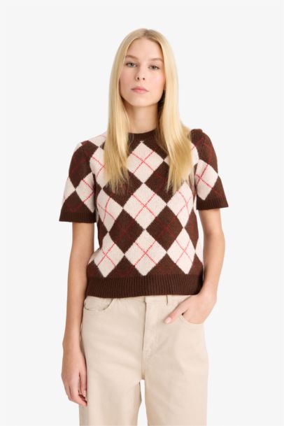 Slim Fit Crew Neck Argyle Patterned Knit Pullover