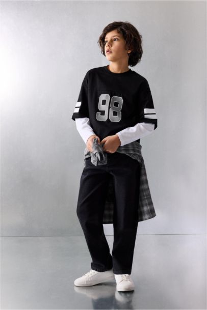 New Regular Fıt Bisiklet Yaka Slogan Baskılı Uzun Kollu Tişört Erkek Çocuk