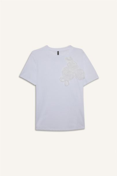 %100 Pamuk Relax Fıt Bisiklet Yaka İşlemeli Penye Tişört