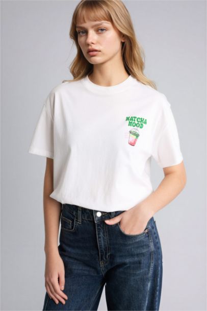 Oversıze Bisiklet Yaka Baskılı Kısa Kollu Tişört