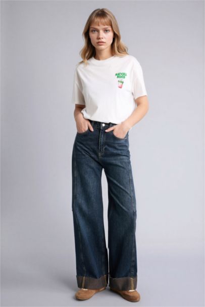 Oversıze Bisiklet Yaka Baskılı Kısa Kollu Tişört