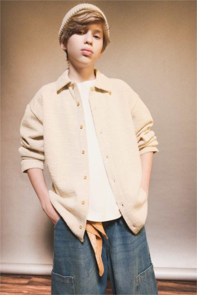 قميص أولادي منسوج جاكار كم طويل بياقة بولو