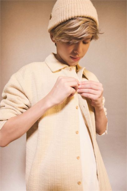 قميص أولادي منسوج جاكار كم طويل بياقة بولو