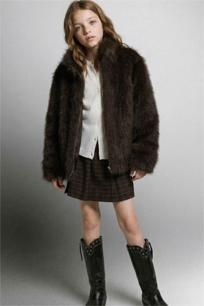 Dik Yaka Fermuarlı Suni Kürk Mont Kız Çocuk