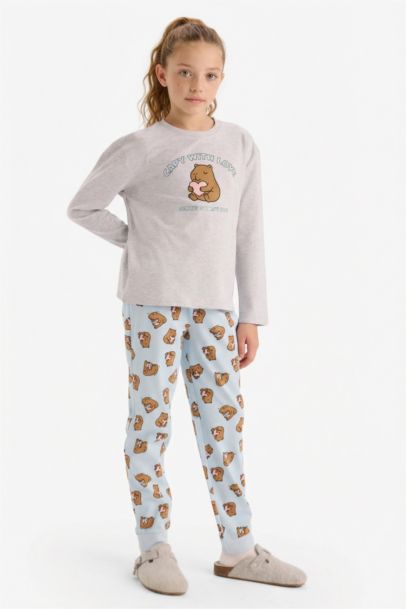 Pijama Takımı Baskılı Uzun Kollu Üst Desenli Uzun Alt Kız Çocuk