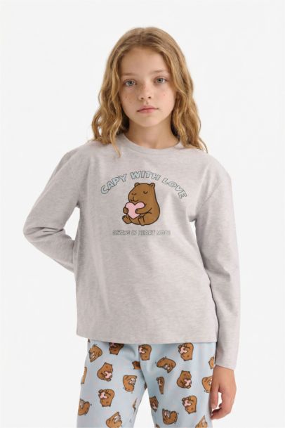 Pijama Takımı Baskılı Uzun Kollu Üst Desenli Uzun Alt Kız Çocuk