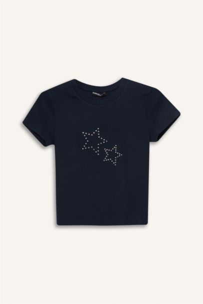 Fitted Star Pattern Ribbed Short Sleeve T-shirt