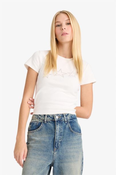 Fitted Star Patterned Ribbed Short Sleeve T-Shirt