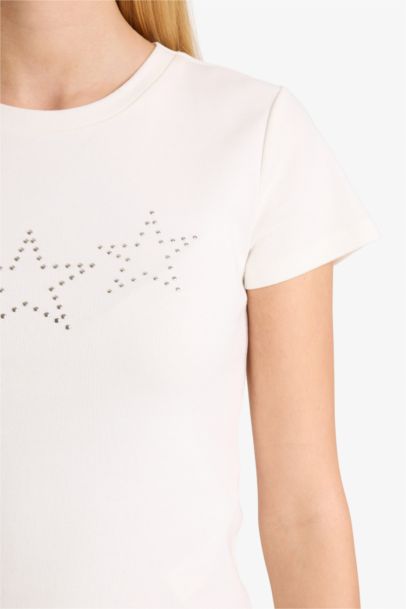 Fitted Star Patterned Ribbed Short Sleeve T-Shirt