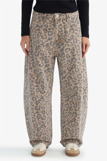 Baggy Fit Leopar Desenli Normal Bel Gabardin Pantolon