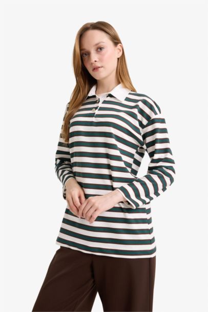 سويت شيرت طويل قماش خفيف قصة عادية بياخة بولو