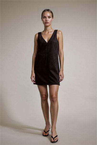 V-Neck Thick Strappy Suede Mini Dress