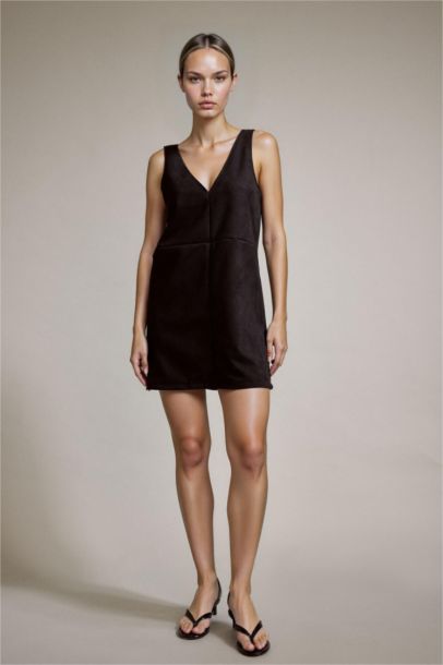 V-Neck Thick Strappy Suede Mini Dress