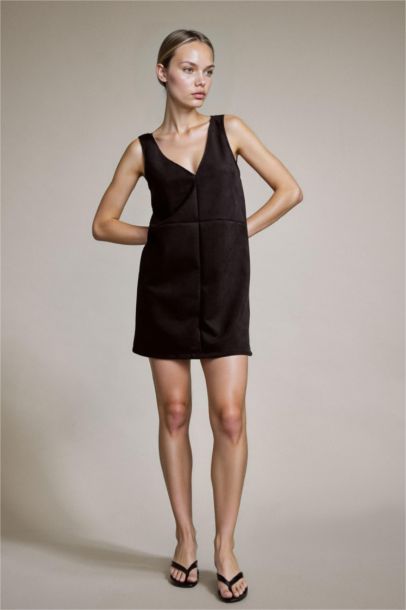 V-Neck Thick Strappy Suede Mini Dress