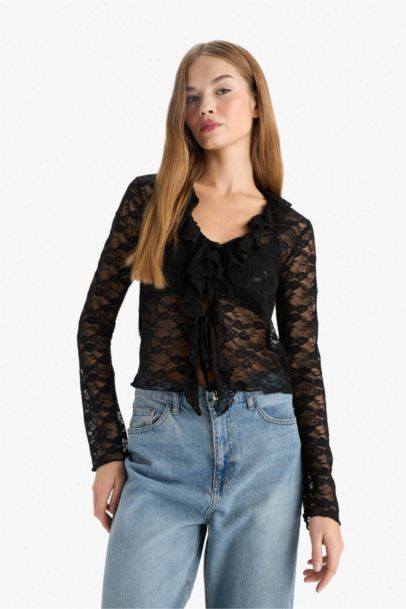 Slim Fit V-Neck Long Sleeve Blouse