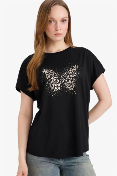 Crew Neck Butterfly Pattern Short Sleeve T-Shirt
