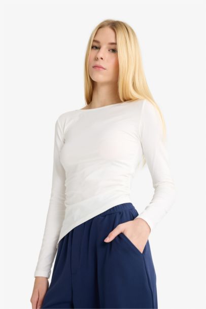 Fitted Crew Neck Ribbed Long Sleeve T-Shirt