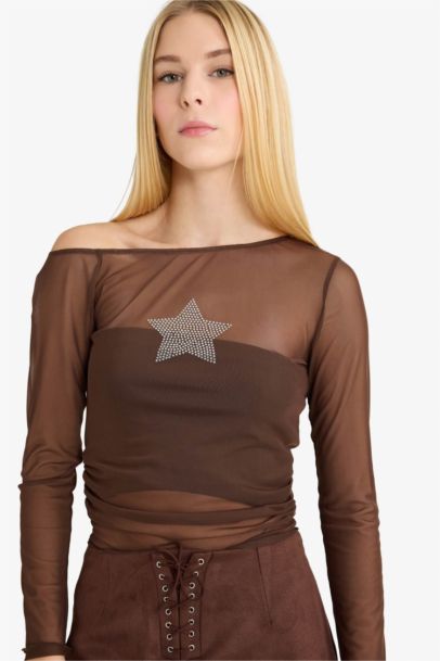 Fitted Crew Neck One Shoulder Tulle T-Shirt