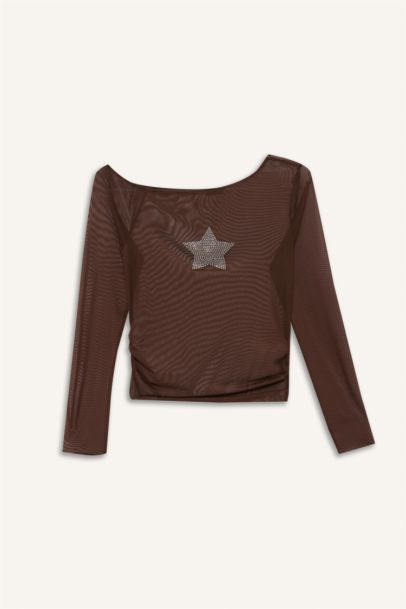 Fitted Crew Neck One Shoulder Tulle T-Shirt