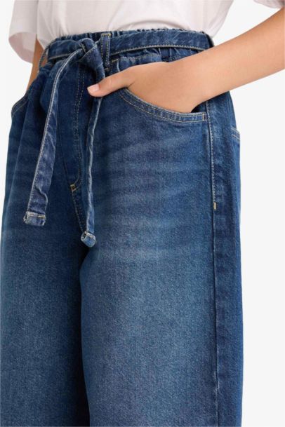 Wide Baggy Fit Beli Lastikli Jean Pantolon Kız Çocuk