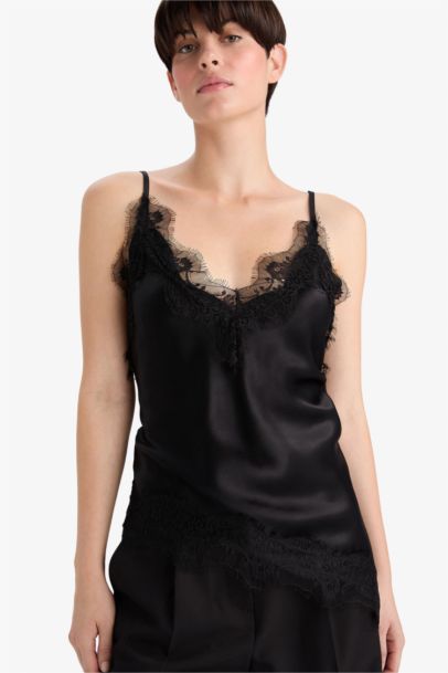 Regular Fit V Neck Lace Detail Satin Thin Strappy Blouse