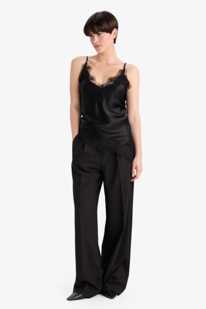 Regular Fit V Neck Lace Detail Satin Thin Strappy Blouse