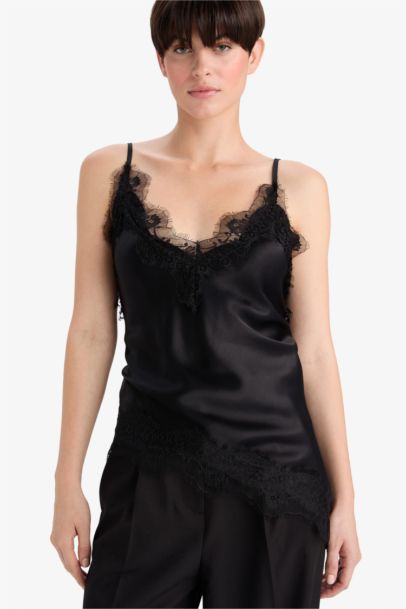 Regular Fit V Neck Lace Detail Satin Thin Strappy Blouse