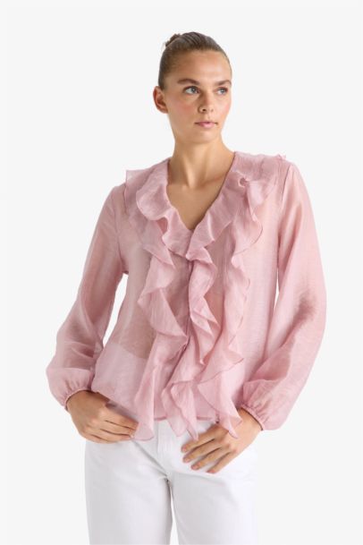 Overshirt Fit Modal Ruffle Long Sleeve Blouse