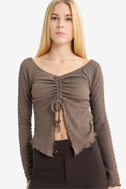 Long sleeves Front Tie Crinkled Blouse