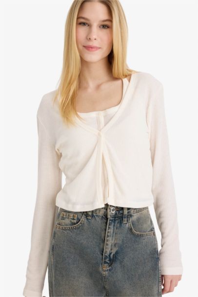 Ribbed Long Sleeve Halter Neck T-shirt