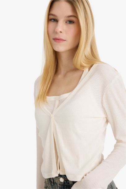 Ribbed Long Sleeve Halter Neck T-shirt