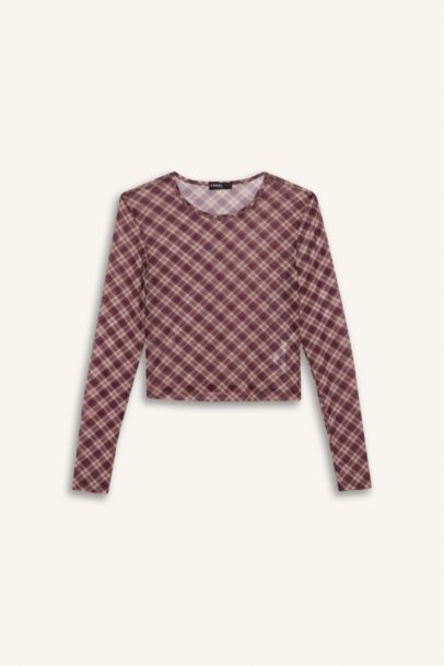 Fitted Checked Tulle Long Sleeve T-Shirt